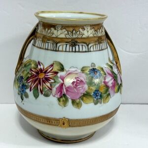 VTG Nippon Hand Painted Floral Porcelain Vase with Gold Gilding Victorian Style